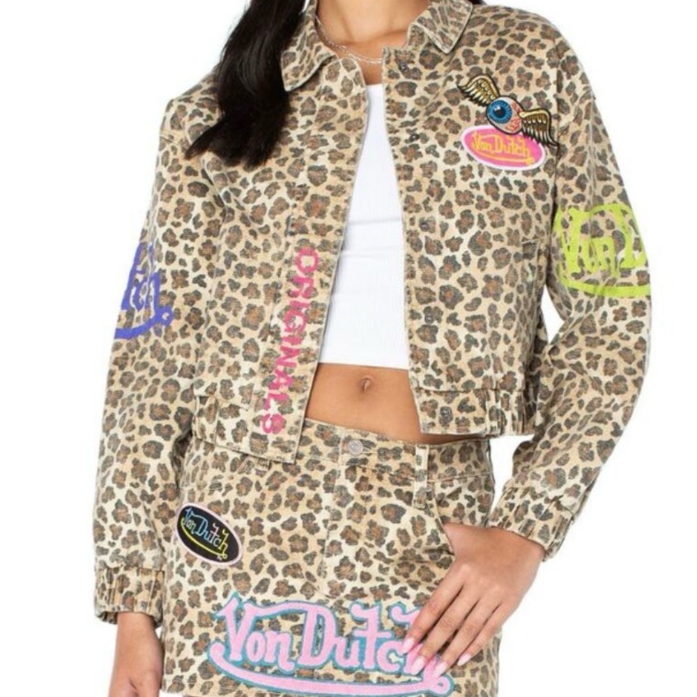 Von Dutch Womens Leopard Graphic Patch Jacket Large Brown Combo - NWT - Picture 3 of 4